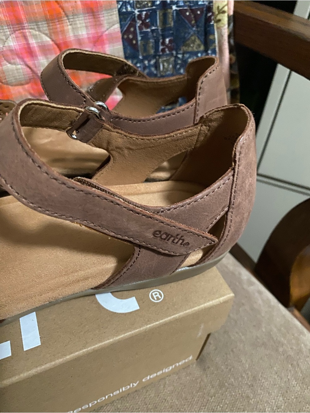 Earth Origins Brown Laser-Cut Ankle Strap Flats - Picture 3 of 7